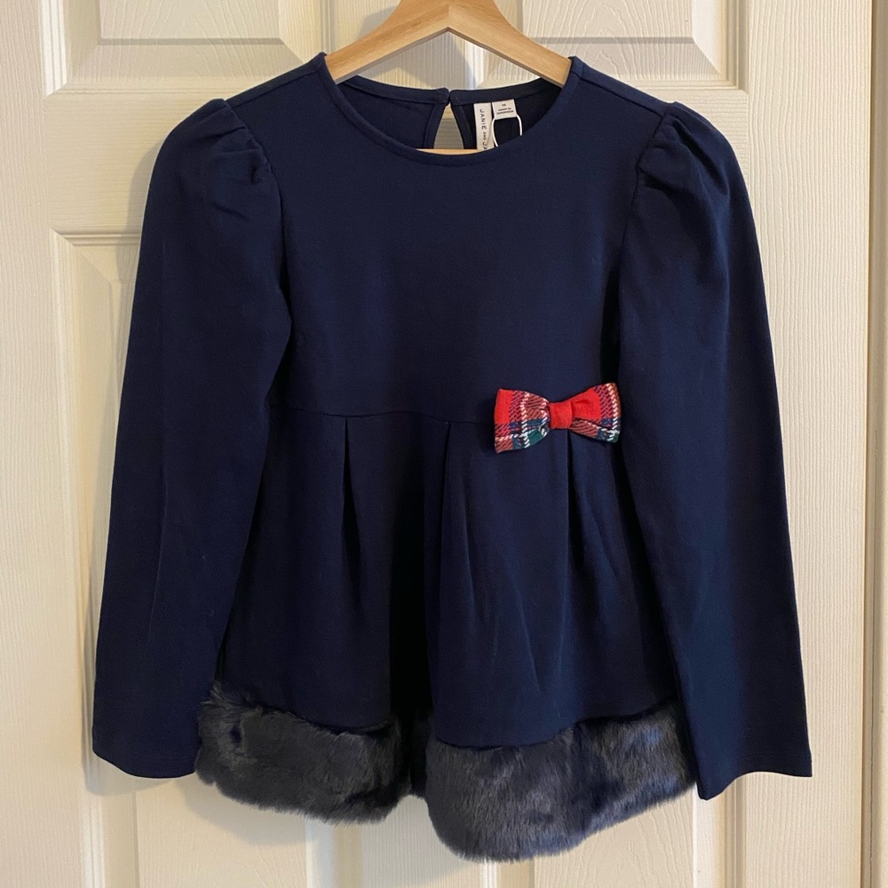 Janie and Jack Navy Top with Red Plaid Bow